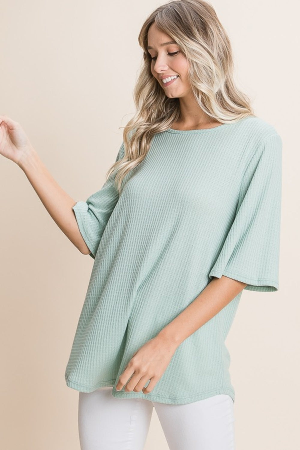 Krista Sage Round Neck Waffle Knit T-Shirt