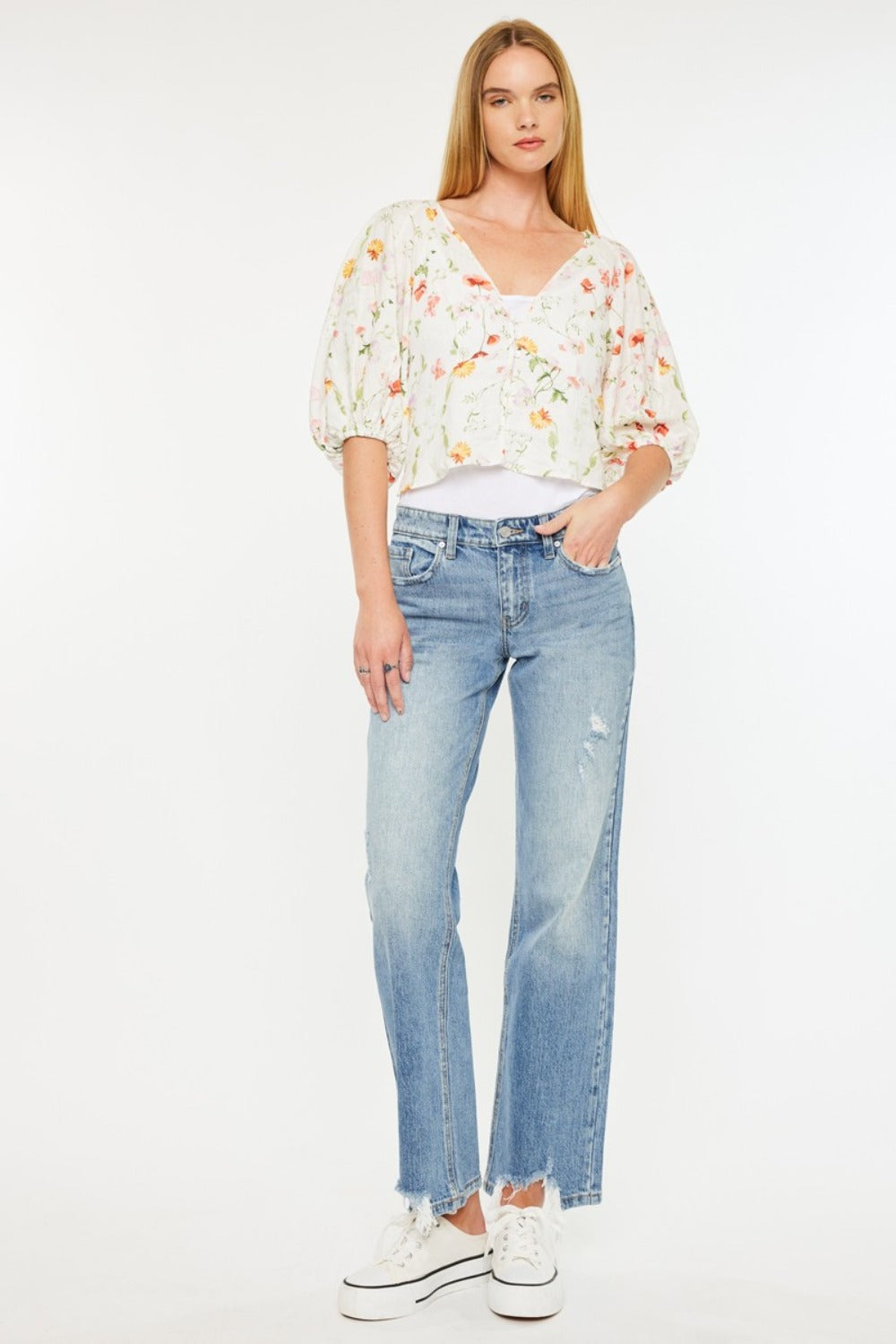 Kancan Marissa Mid Rise Frayed Hem Straight Jeans