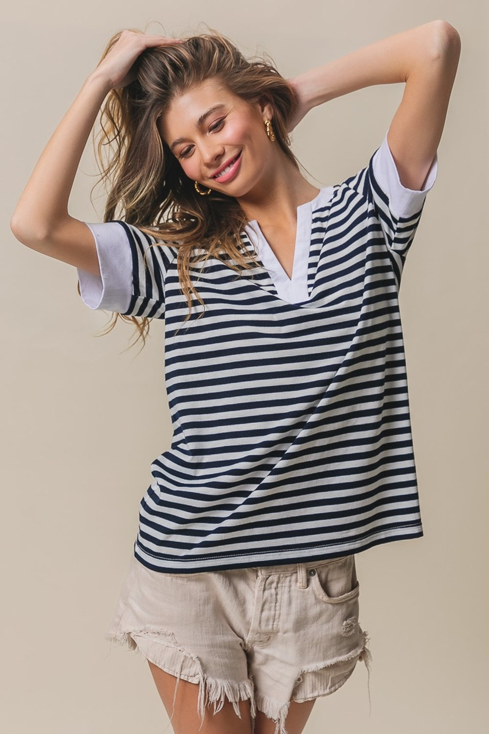 Olivia Contrast Striped Notched Knit Top