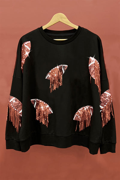 All For The Love Sequin Fringe Football Patch Round Neck Sweatshirt