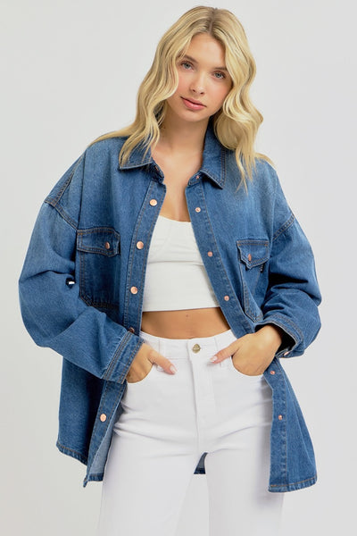 RISEN Ingrid Snap Down Long Sleeve Denim Shacket