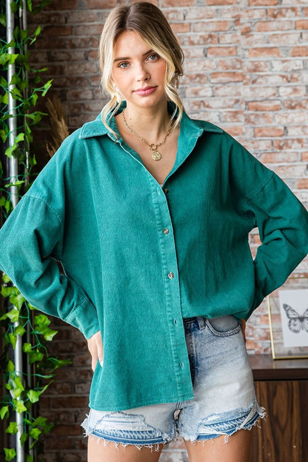 Maureen Green Washed Corduroy Button Down Long Sleeve Shirt