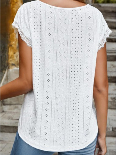 Daisy White Eyelet V-Neck Cap Sleeve Blouse