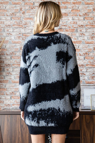 Ronda Full Size Abstract Pattern Contrast Feather Yarn Sweater