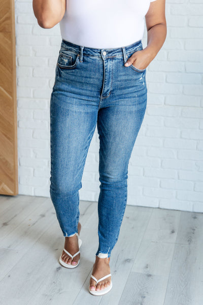 Judy Blue Alaine High Rise Control Top Distressed Hem Skinny Jeans