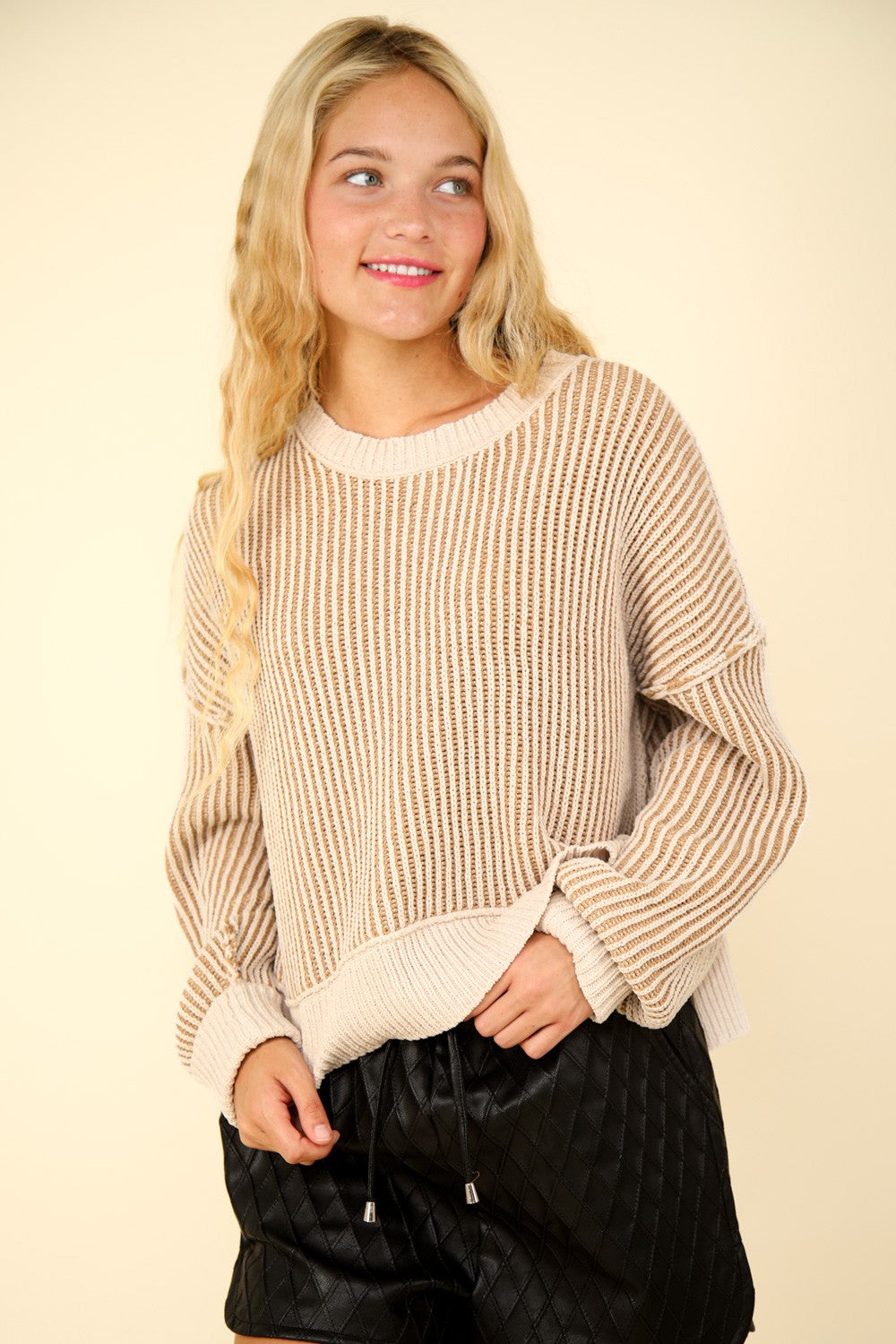 Veronica Exposed Seam Cropped Striped Slit Sweater