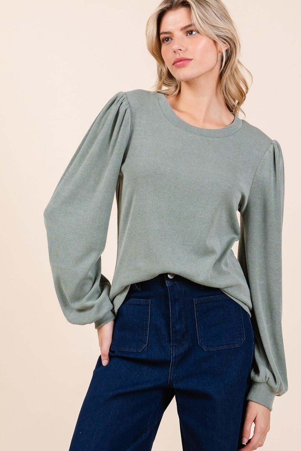 Sally Round Neck Long Sleeve Rib Knit Top