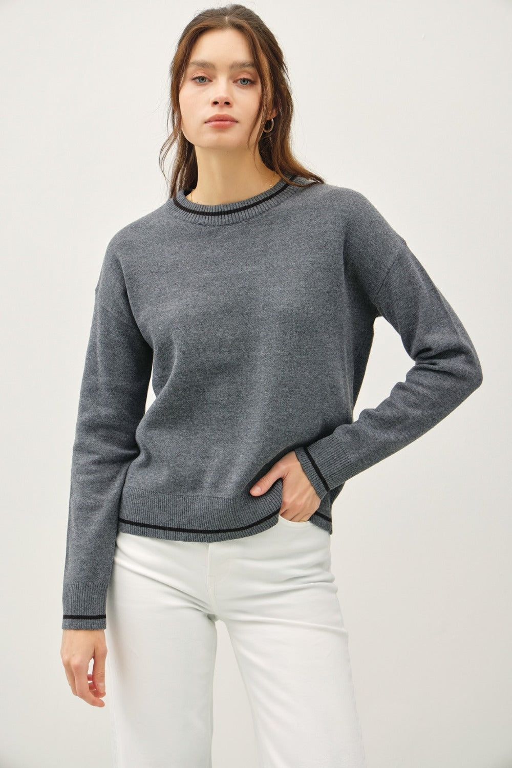 Cory Striped Trim Round Neck Long Sleeve Sweater