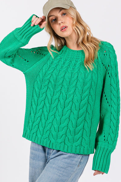 Sadie Emerald Cable-Knit Long Sleeve Sweater