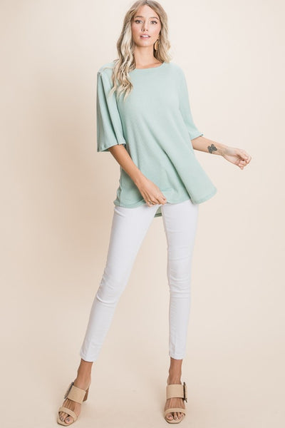 Krista Sage Round Neck Waffle Knit T-Shirt