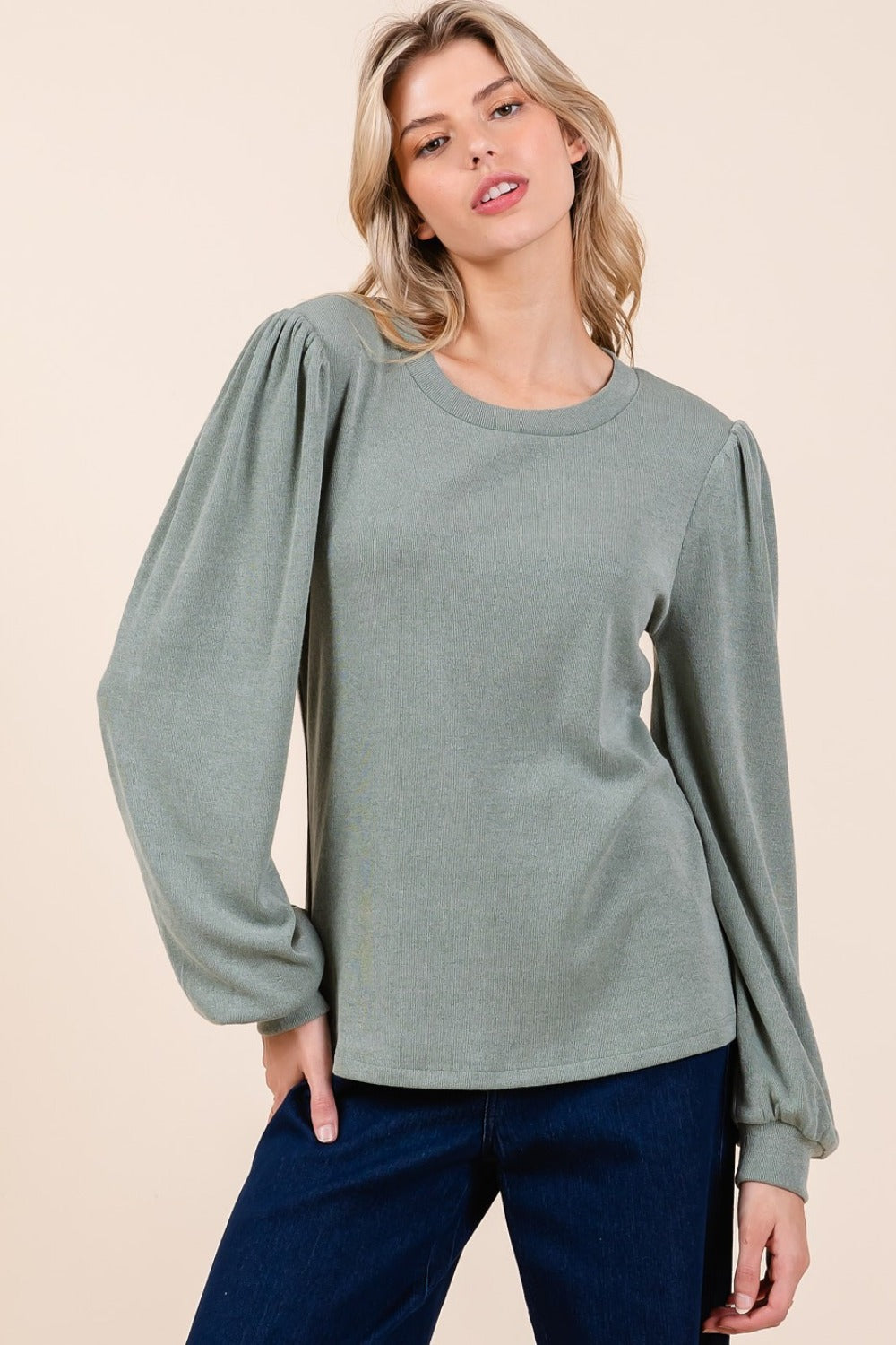 Sally Round Neck Long Sleeve Rib Knit Top