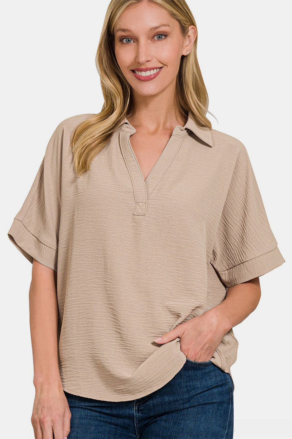 Shane Mocha Texture Collared Neck Short Sleeve Top