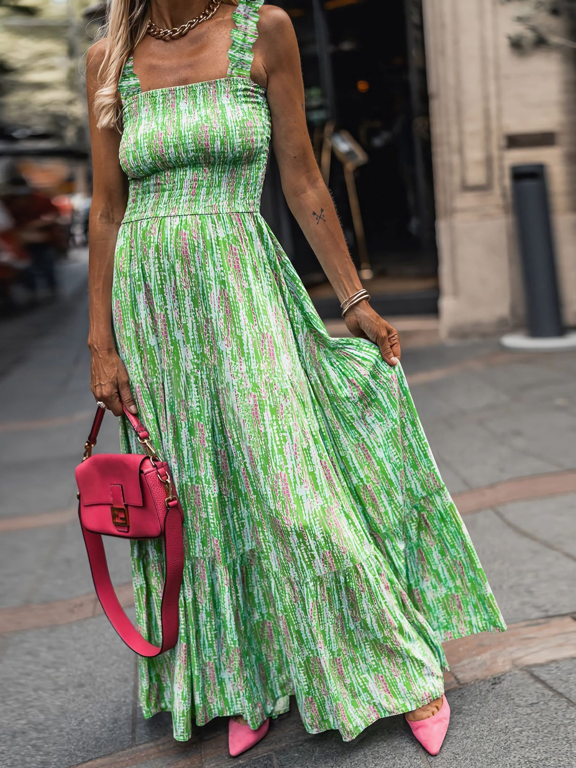 Cameron Smocked Printed Square Neck Sleeveless Maxi Dress