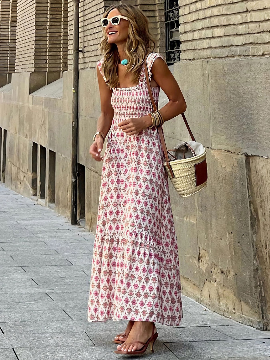 Cameron Smocked Printed Square Neck Sleeveless Maxi Dress