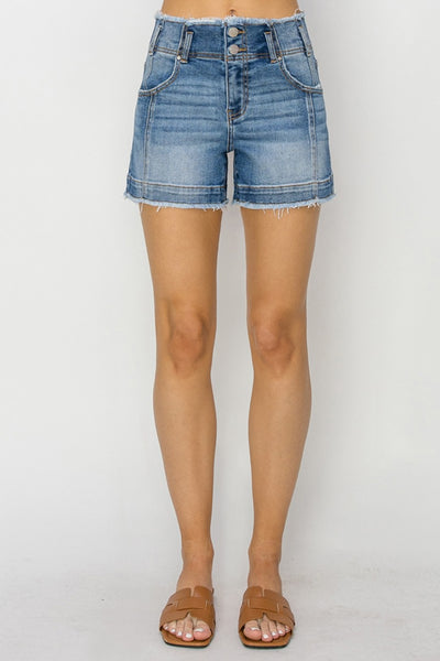 RISEN Yvette High Rise Seam Detailed Raw Edge Denim Shorts