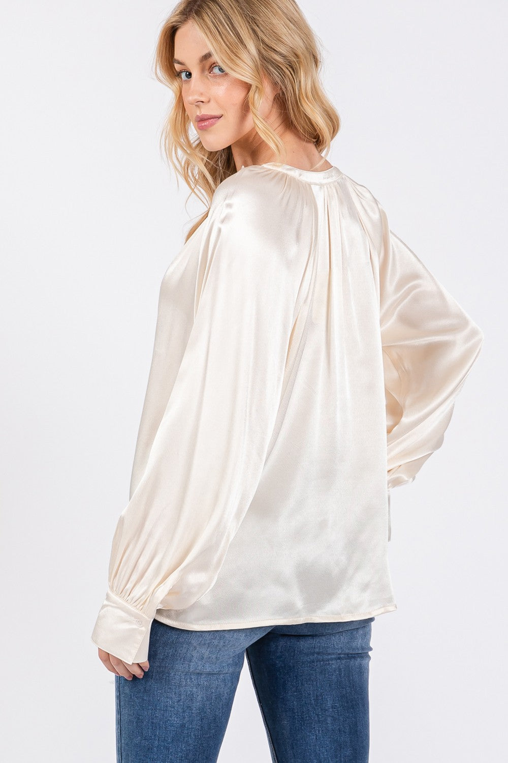 Catalina Ivory Notched Long Sleeve Blouse