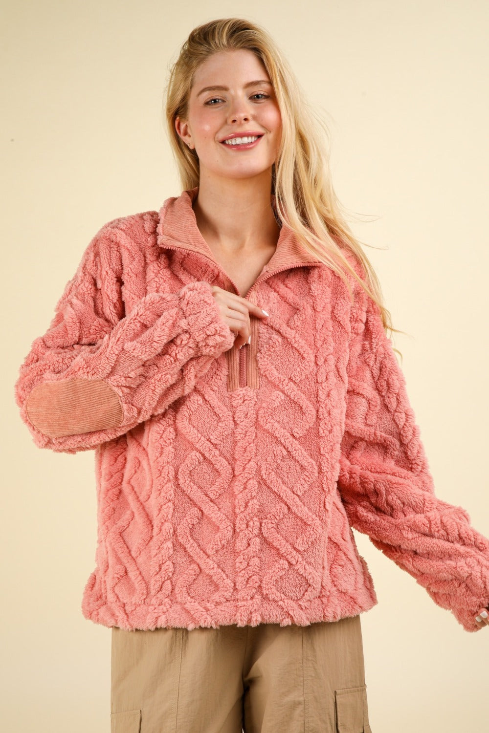 Alida Fuzzy Fleece Half Zip Cable Pattern Sweatshirt