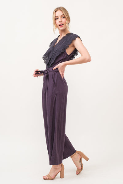 Tatiana Purple Laced Surplice Tie Waist Jumpsuit