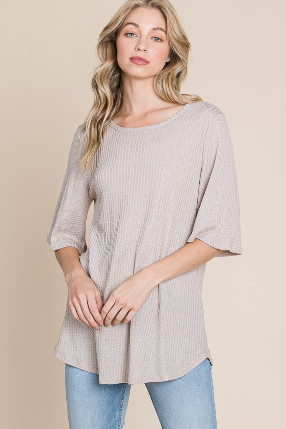 Ember Sand Round Neck Waffle Knit T-Shirt