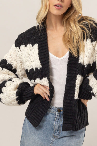 Sadie Scallop Striped Open Front Long Sleeve Sweater Cardigan