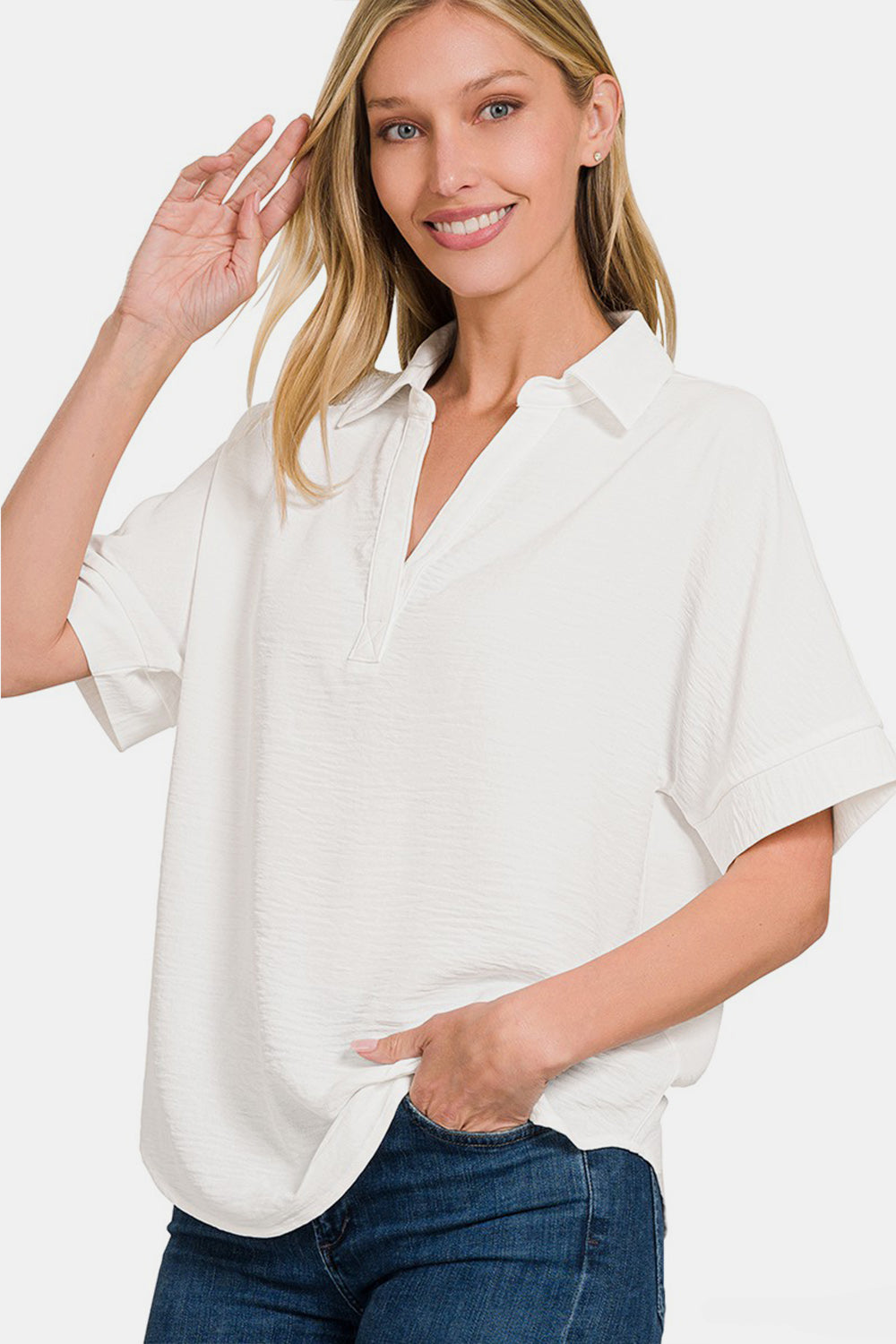 Shane Off White Texture Collared Neck Short Sleeve Top