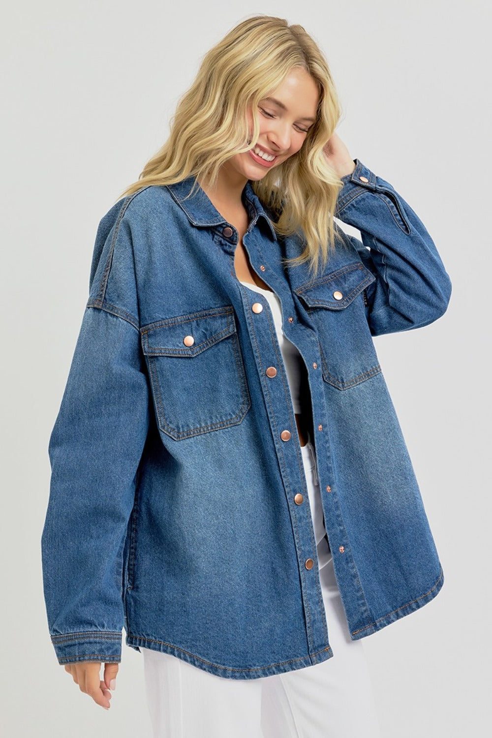 RISEN Ingrid Snap Down Long Sleeve Denim Shacket