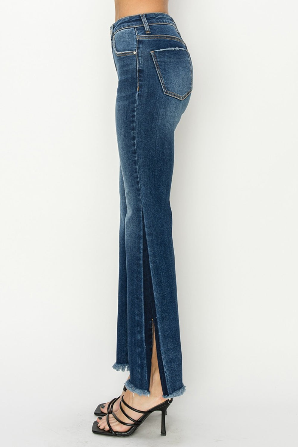 RISEN Zoey High Rise Side Shadow Seam Detail Slit Flare Jeans