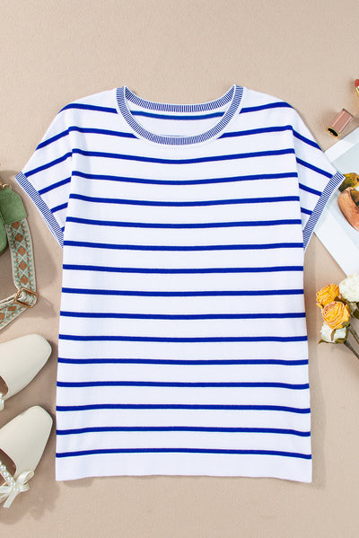 Marilyn Striped Round Neck Cap Sleeve Knit Top