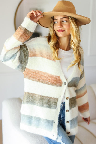 Michelle Button Down Stripe Soft Fuzzy Sweater Cardigan