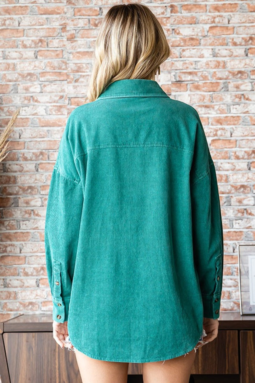 Maureen Green Washed Corduroy Button Down Long Sleeve Shirt