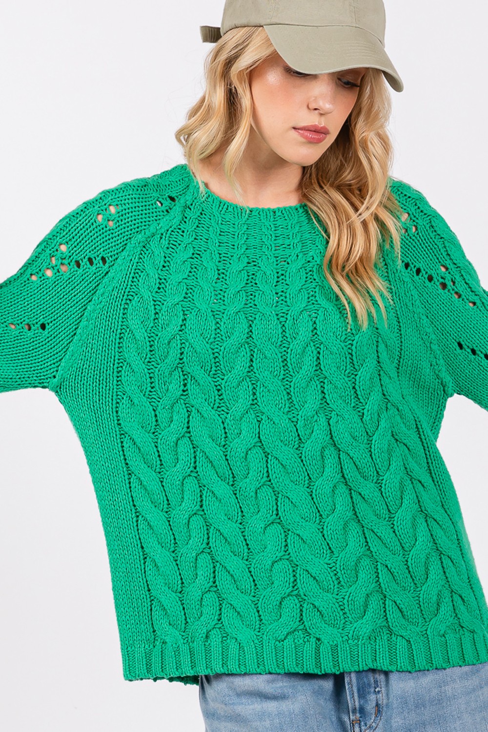 Sadie Emerald Cable-Knit Long Sleeve Sweater