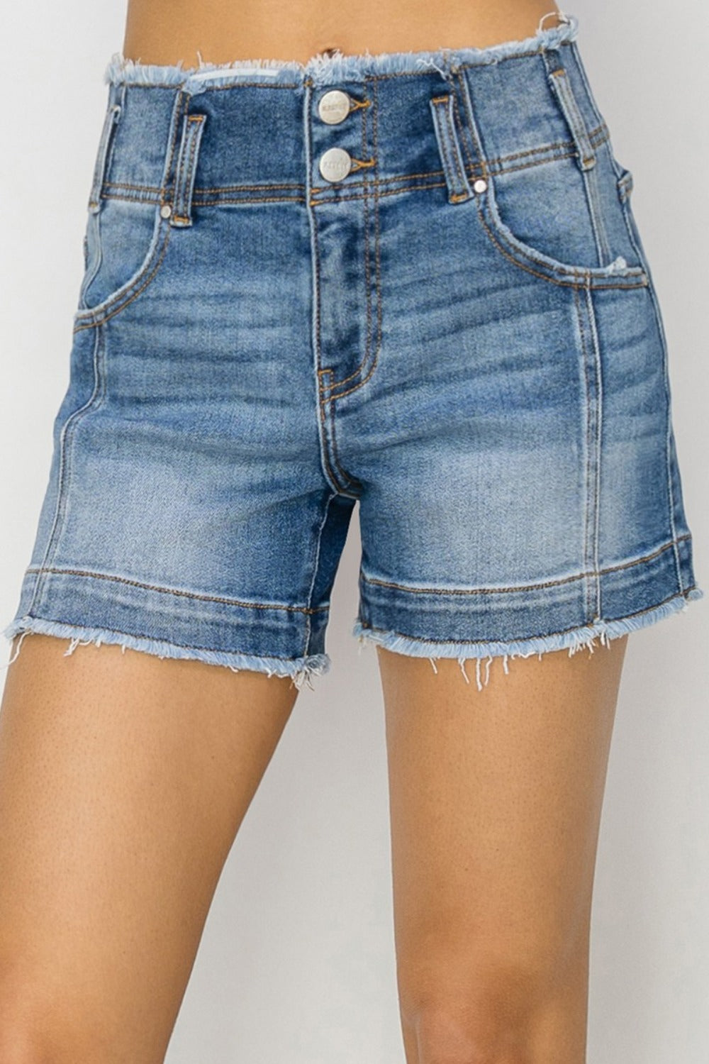 RISEN Yvette High Rise Seam Detailed Raw Edge Denim Shorts