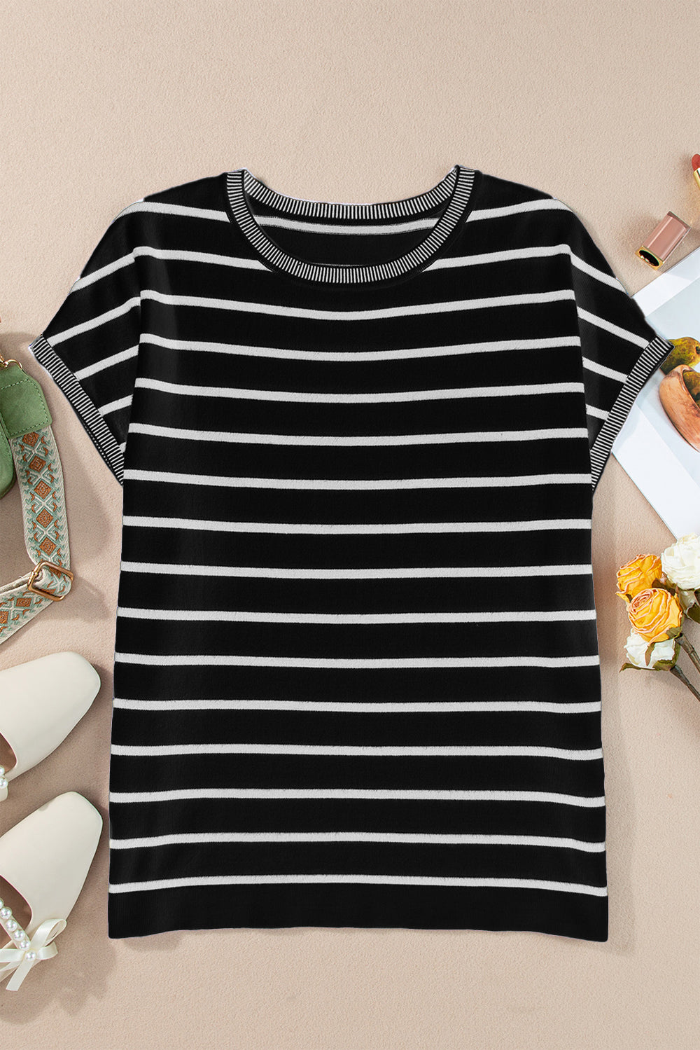 Marilyn Striped Round Neck Cap Sleeve Knit Top