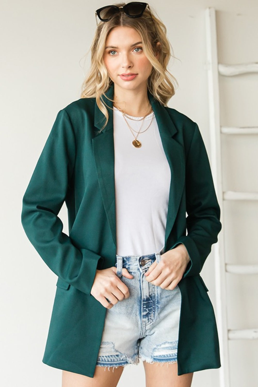 Shirley Hunter Green Open Front Long Sleeve Blazer with Pockets