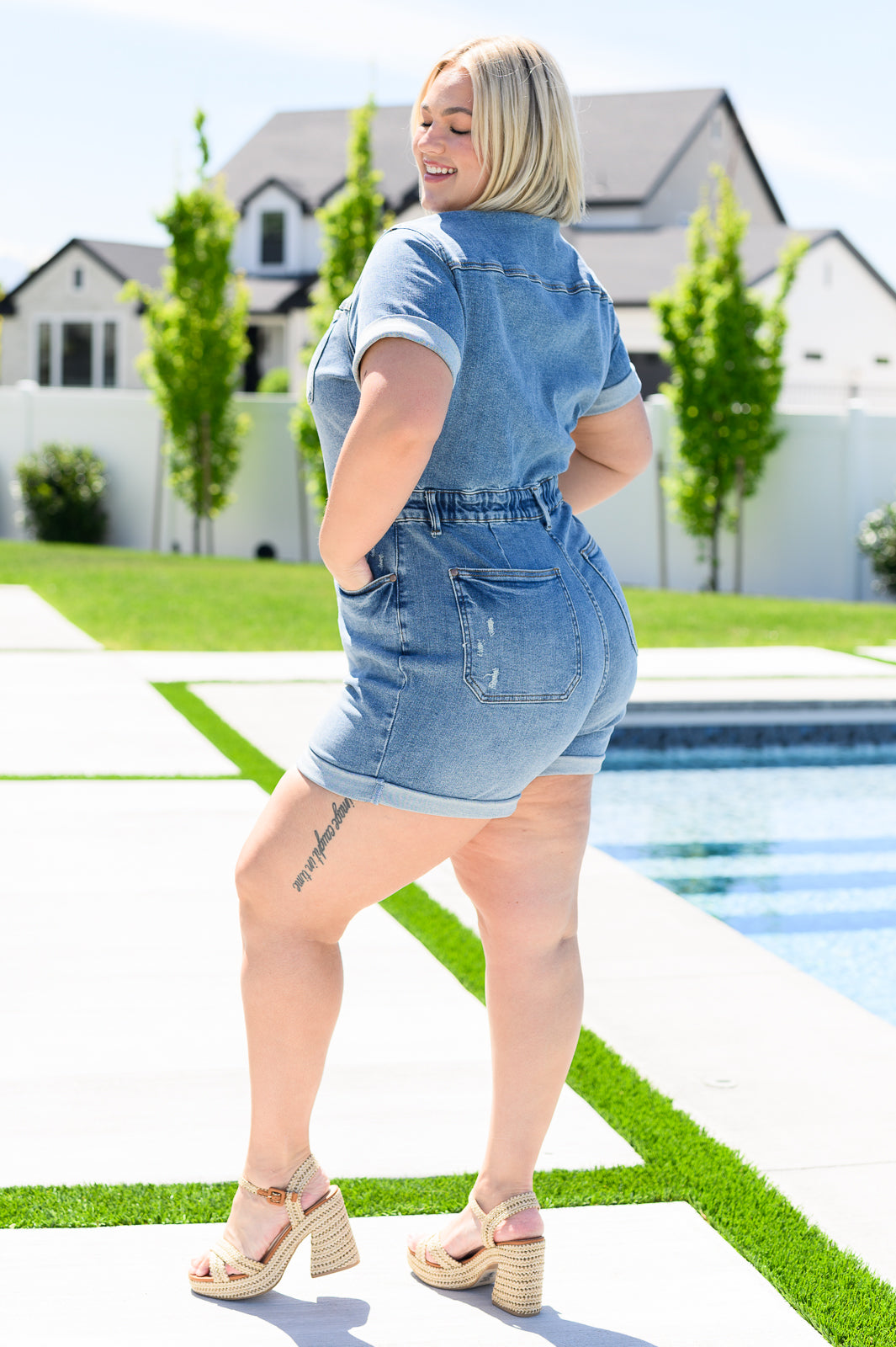 Delia Denim High Rise Short Sleeve Romper