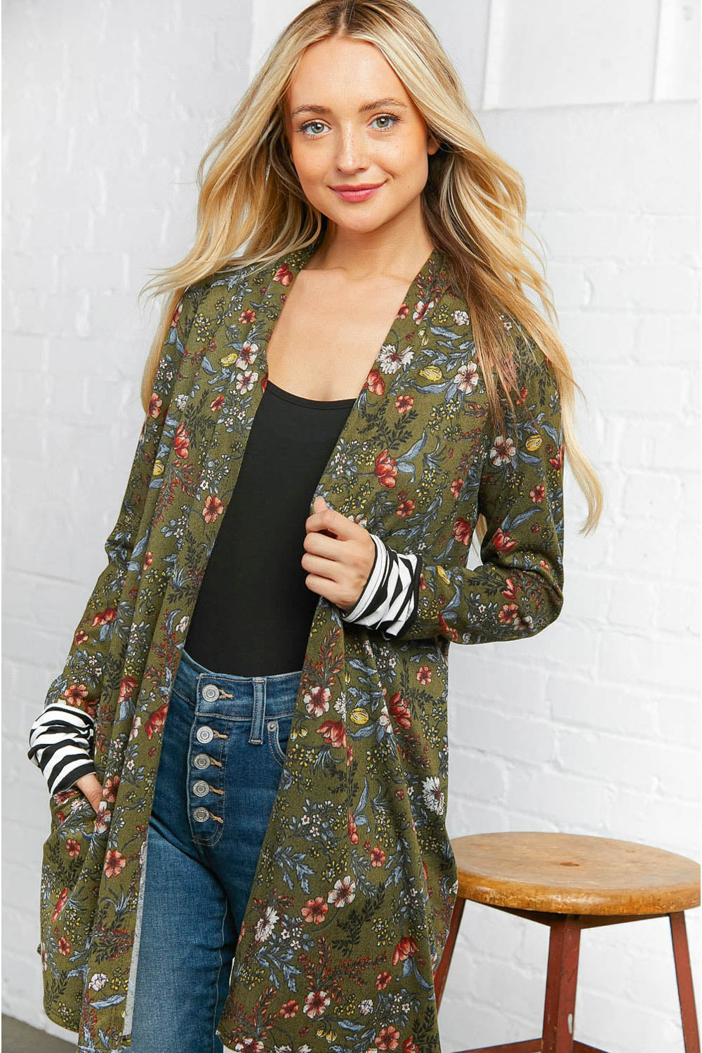 Mirabelle Emerald Floral Stripe Cardigan with Thumbholes