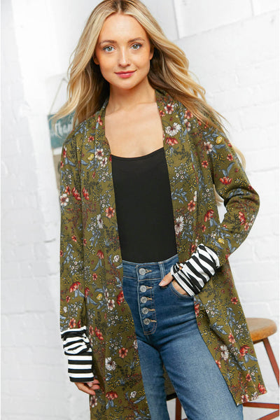 Mirabelle Emerald Floral Stripe Cardigan with Thumbholes