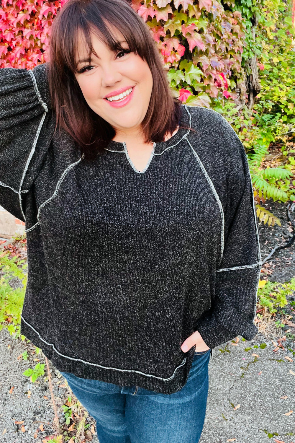 Nadine Charcoal Two Tone Knit Notched Neck Raglan Top