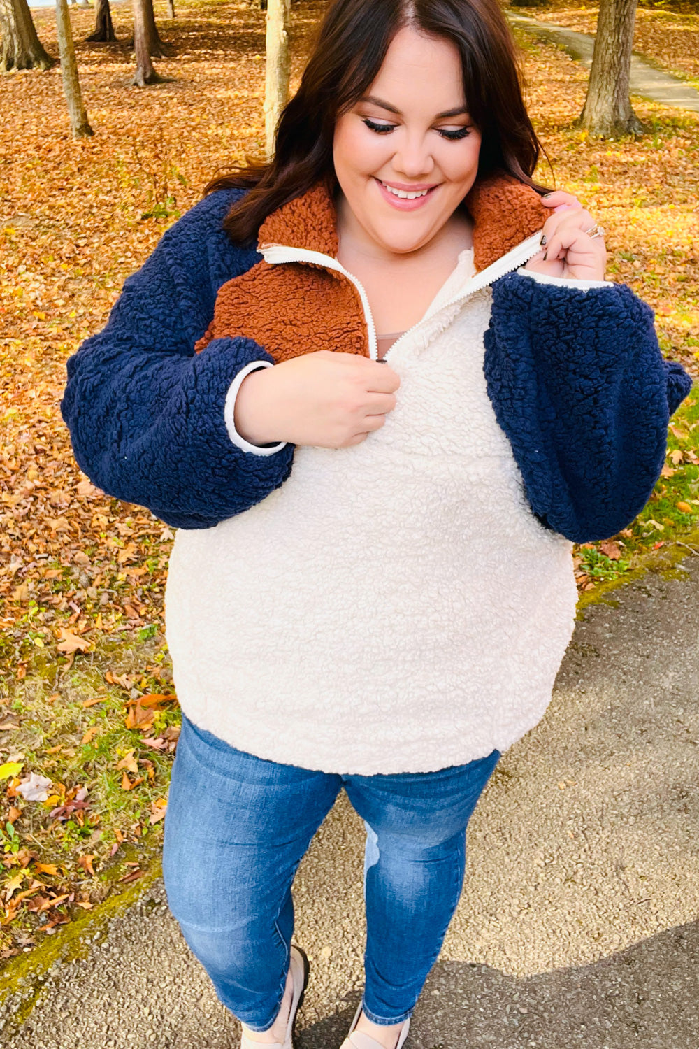 Sailor Navy & Taupe Quarter Zip Sherpa Pullover