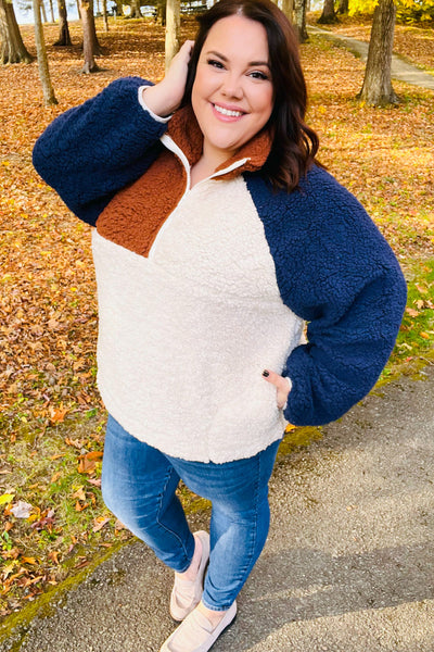 Sailor Navy & Taupe Quarter Zip Sherpa Pullover