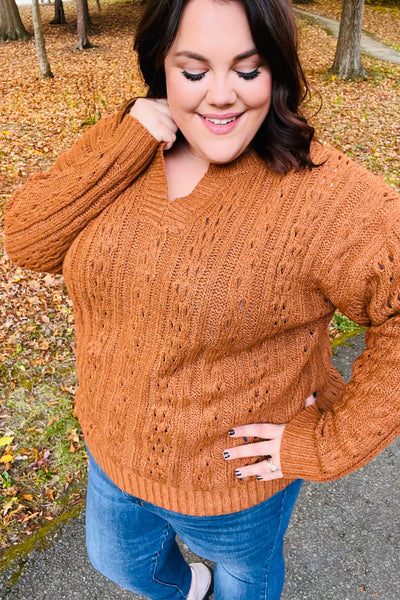 Chrissy Rust Cable Knit Notched Neck Pullover Sweater