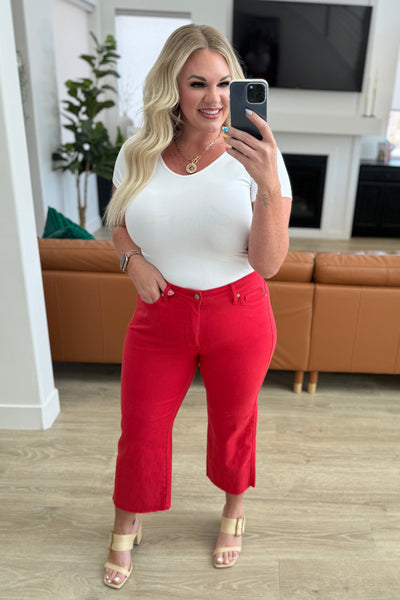 Judy Blue Leslie High Rise Control Top Wide Leg Crop Jeans in Red