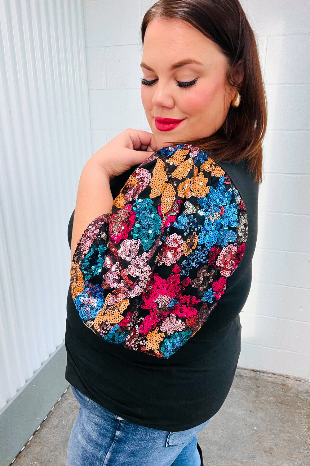 Kate Black Sequin Floral Puff Sleeve Top