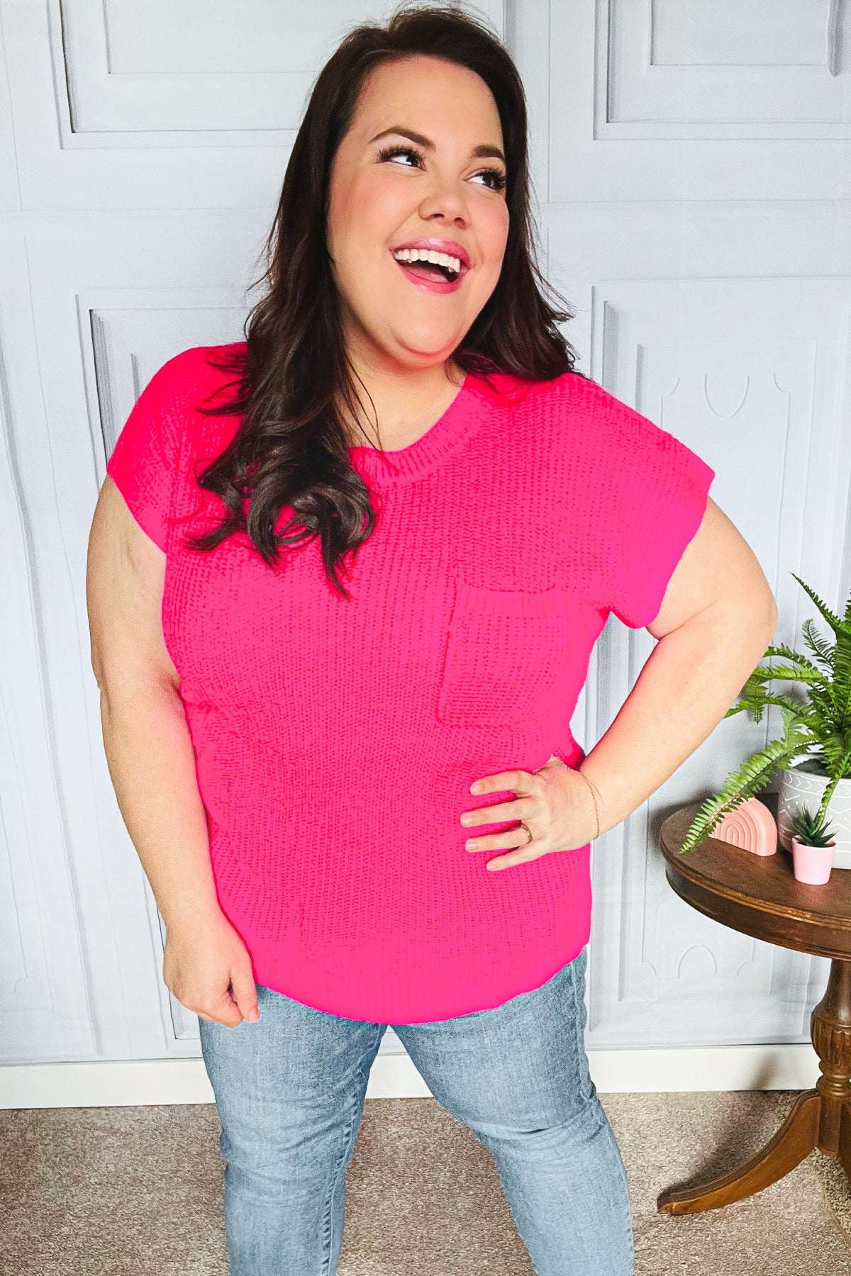 Danielle Hot Pink Dolman Ribbed Knit Sweater Top