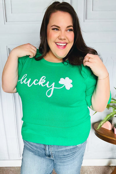 Lucky Lady Green Shamrock Sequin Puff Sleeve Knit Top