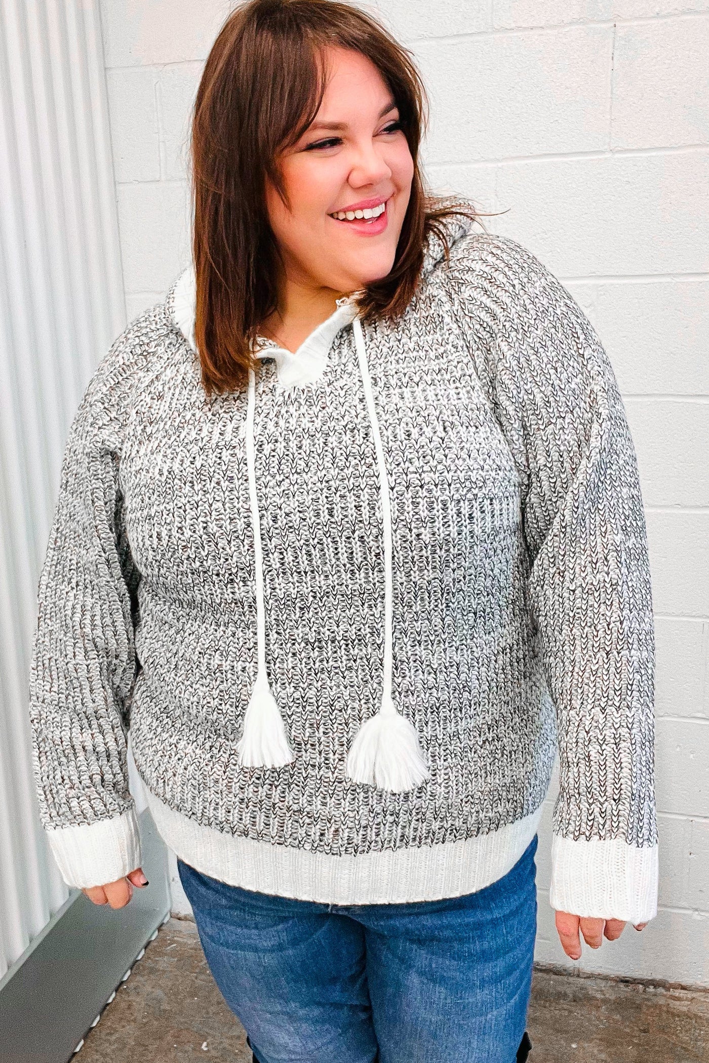 Olga Charcoal Two Tone Knit Tassel Sweater Hoodie