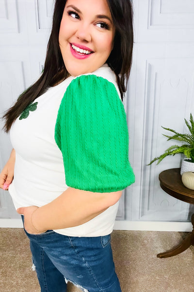 Lucky Gal Sequin Clover Oatmeal Cable Knit Puff Sleeve Top
