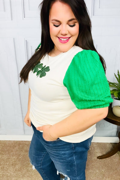 Lucky Gal Sequin Clover Oatmeal Cable Knit Puff Sleeve Top