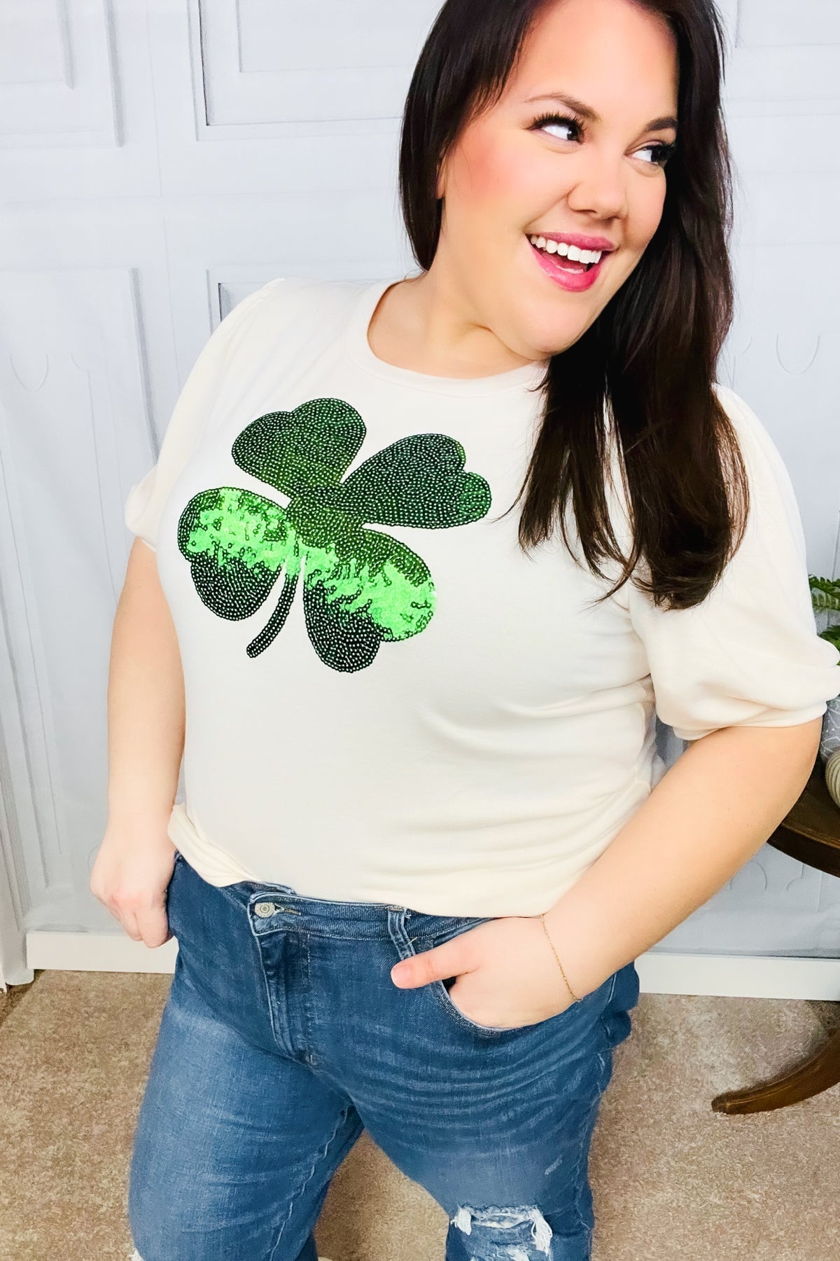 Patty Sequin Clover French Terry Puff Sleeve Top