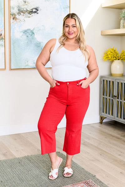 Judy Blue Leslie High Rise Control Top Wide Leg Crop Jeans in Red